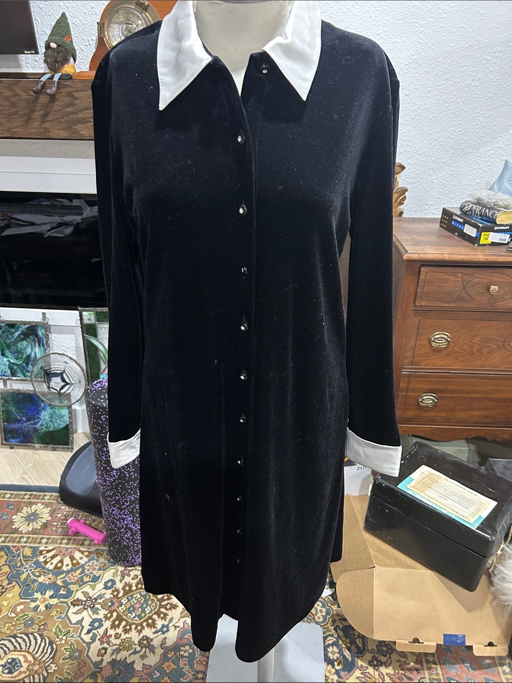 Ronni Nicole black dress white color and cuffs. Wednesday cosplay
